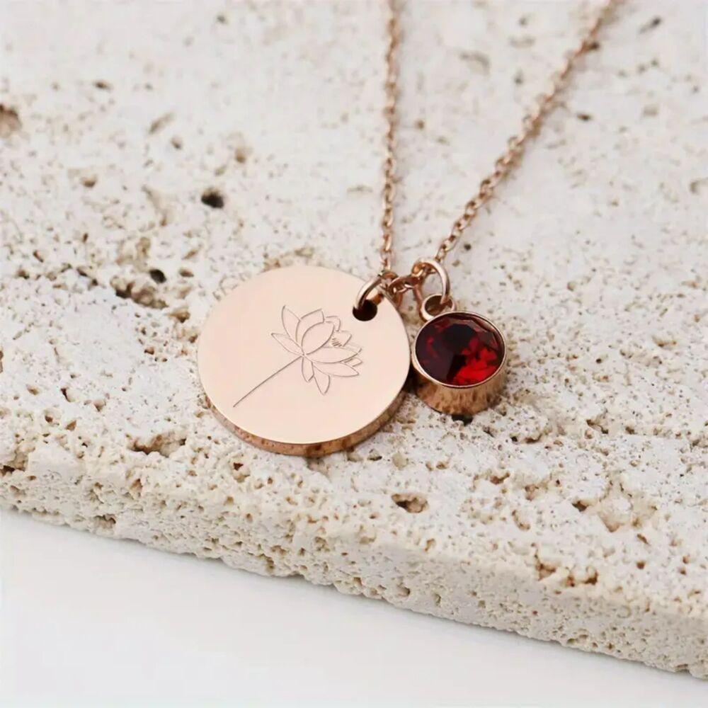 "July" Birth Flower & Glass Gem Pendant Necklace – Ruby-Inspired Sparkle